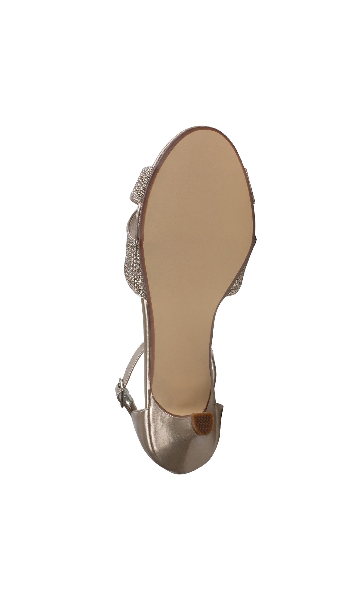 The image displays the bottom view of a single Clementine Champagne Glitter Prom Shoe by Touch Ups 4614, featuring a low heel, open toe, smooth sole, and buckle strap, set against a white background.